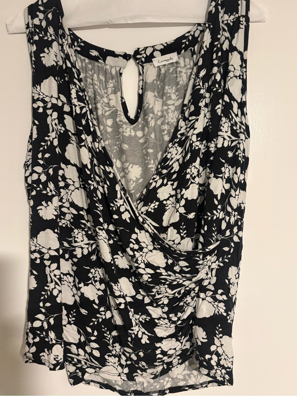 NWOT Loveappella Black White Floral Faux Wrap Tank Top